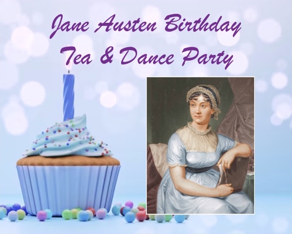 Jane Austen Birthday tea & dance part invitation featuring a cupcake and a portrait painting of Jane Austen